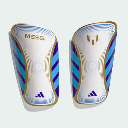 adidas Unisex-Adult Messi Club Shin Guards White/Lucid Blue/Gold Metallic Large