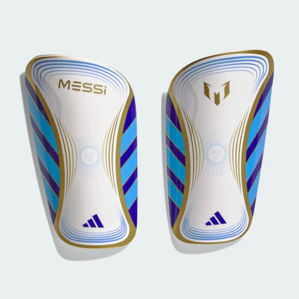 adidas Unisex-Adult Messi Club Shin Guards White/Lucid Blue/Gold Metallic Large