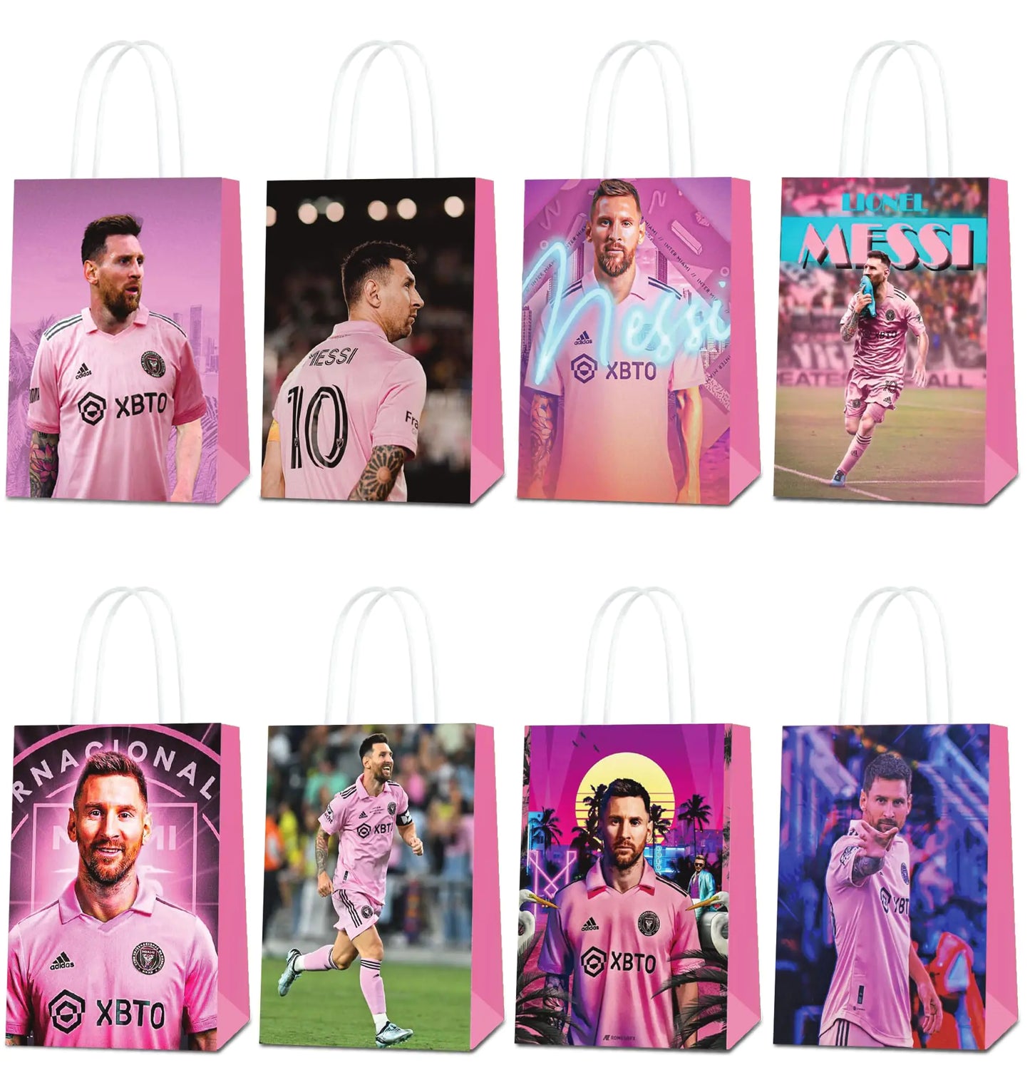 24Pcs Miami Messi Party Gift Bags - Candy Bags Tote BagsMiami Messi Party Supplies Gift Bags for Kids - Paper Favor Packs for Adults Birthday Party Decor - 8 Patterns