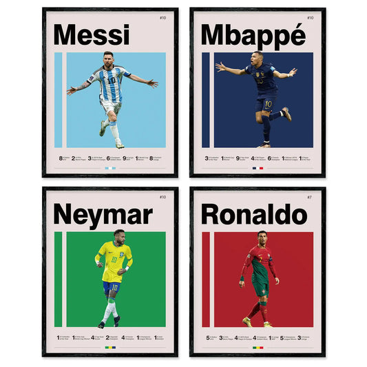 A ART·ZONE Soccer Posters 8x10 Inch Canvas Prints Unframed Set of 4 - Messi Ronaldo Mbape And Neymar Famous Football Superstar Poster Sports Decor for Boys Bedroom Wall Art