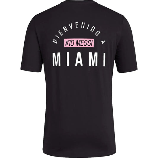 adidas Mens Soccer Messi X Miami Bienvenido a Miami Tee - Classic Relax Fit with Messi Graphic Logo and #10 Available in Black & White (Small Black)